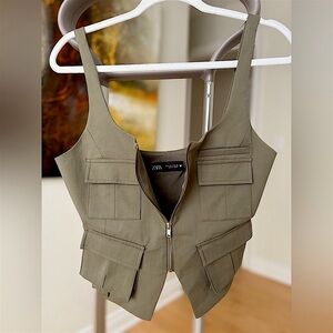 Sz S ZARA NEW Olive Utility COTTON Crop Vest Front Zip
